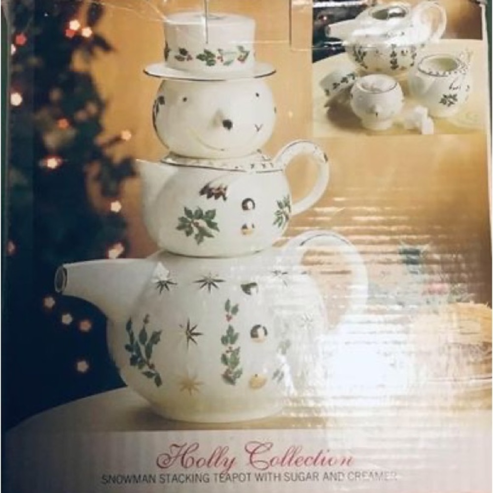 Living Quarters Snowman Christmas Holly Stacking Tea Pot Sugar Bowl & Creamer